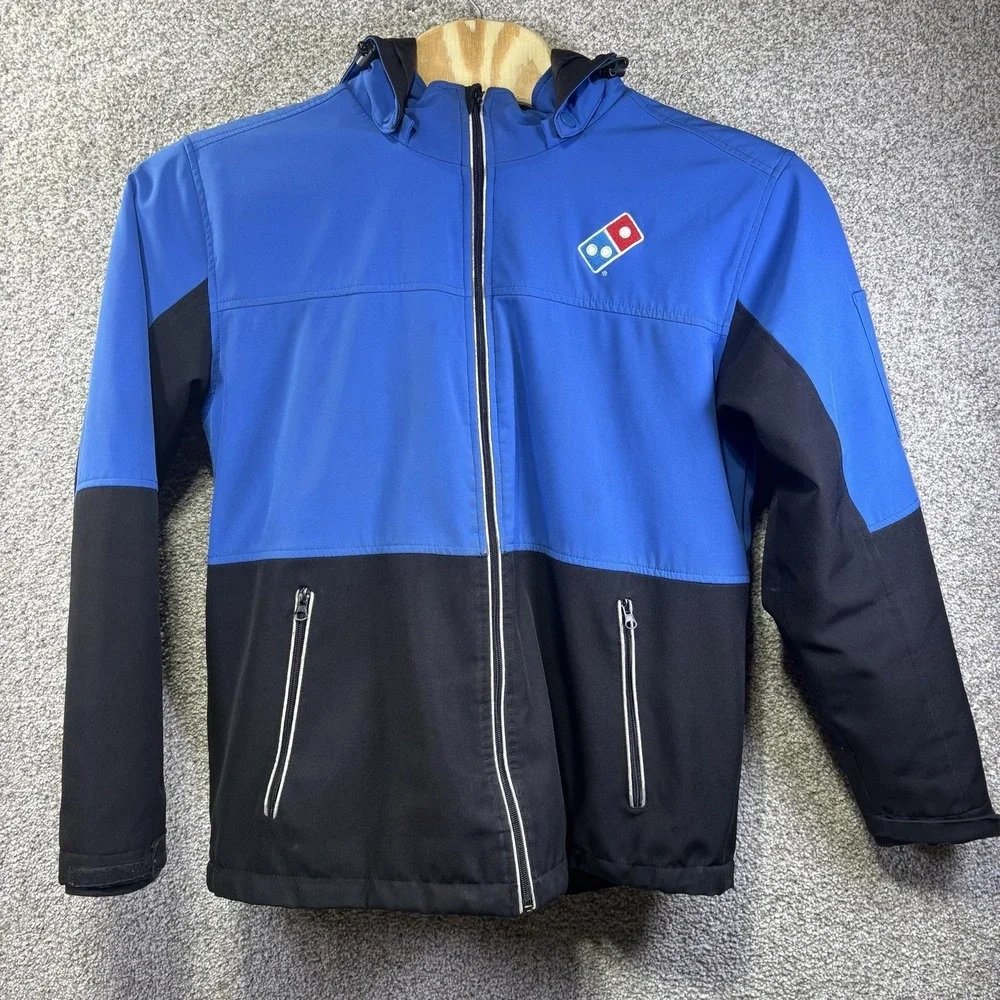 Domino's Gear‎ Jacket Mens Large Blue Black Hooded Windbreaker Workwear Zip